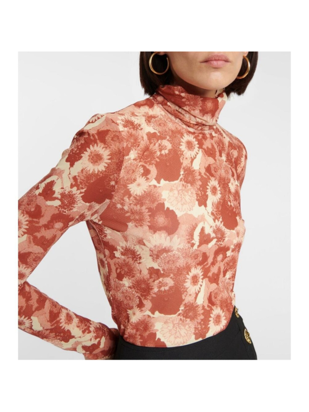 GANNI Floral Printed Sheer Mesh Rolled Turtleneck 32 US XS